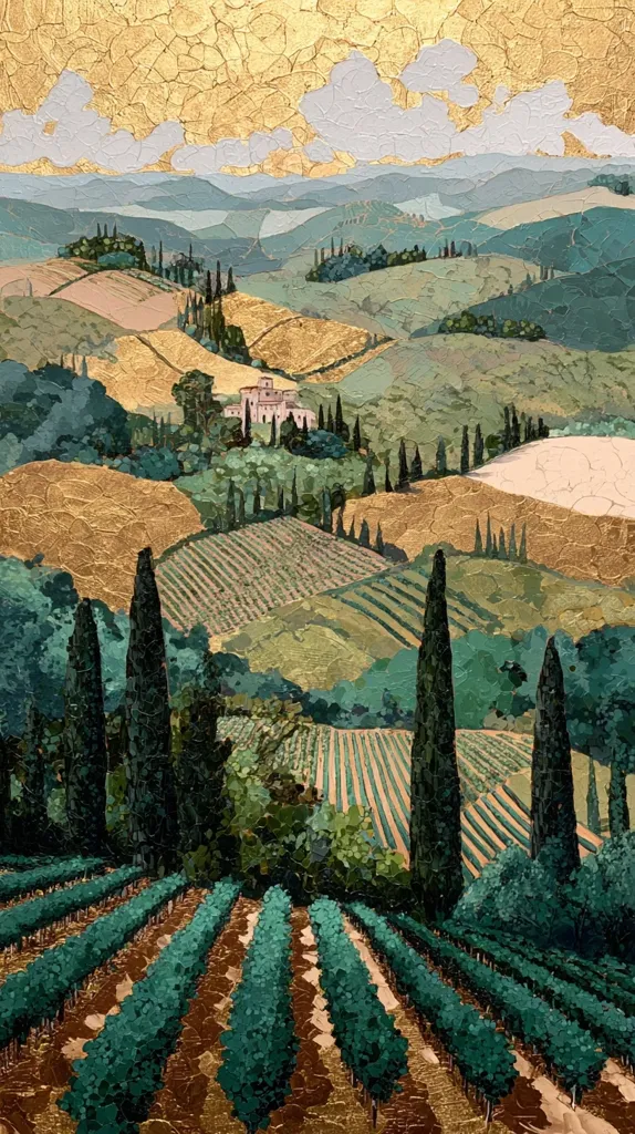 A picturesque Tuscan landscape unfolds, showcasing rolling hills dotted with vineyards and cypress trees.  A golden, textured sky casts a warm glow over the scene.  A small farmhouse nestles amidst the greenery, adding a touch of rustic charm. The painting's texture and color palette create a sense of depth and tranquility, evoking the beauty of the Italian countryside.
