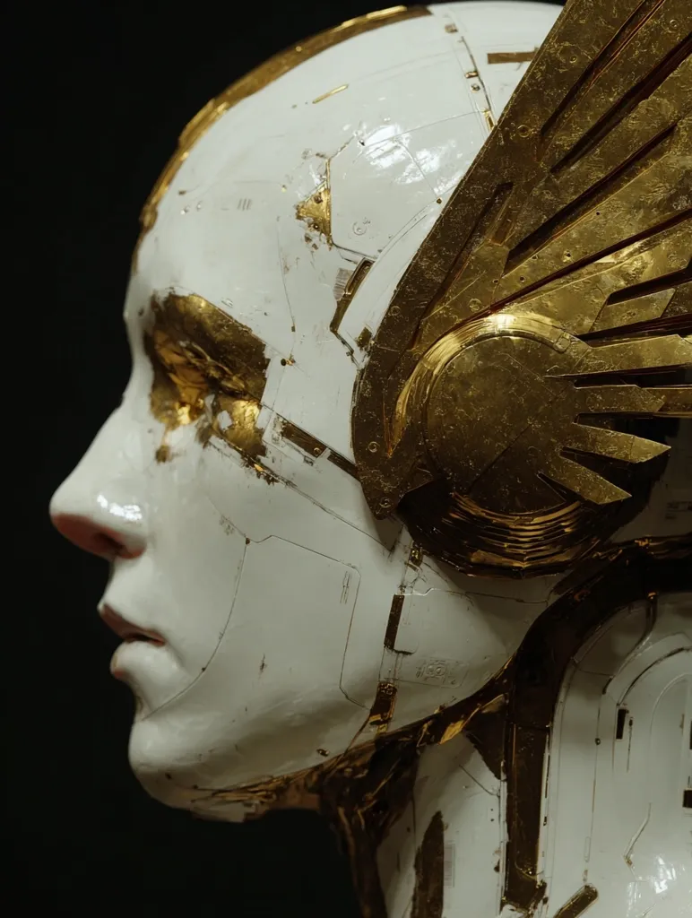 Close-up profile view of a meticulously detailed robotic head, predominantly white with gold accents.  The head features intricate paneling suggestive of a mechanical structure, and a prominent gold wing-like appendage extends from the side. The surface displays a blend of smooth and textured areas, creating a sense of both futuristic technology and artistic craftsmanship. The expression is serene, almost melancholic.