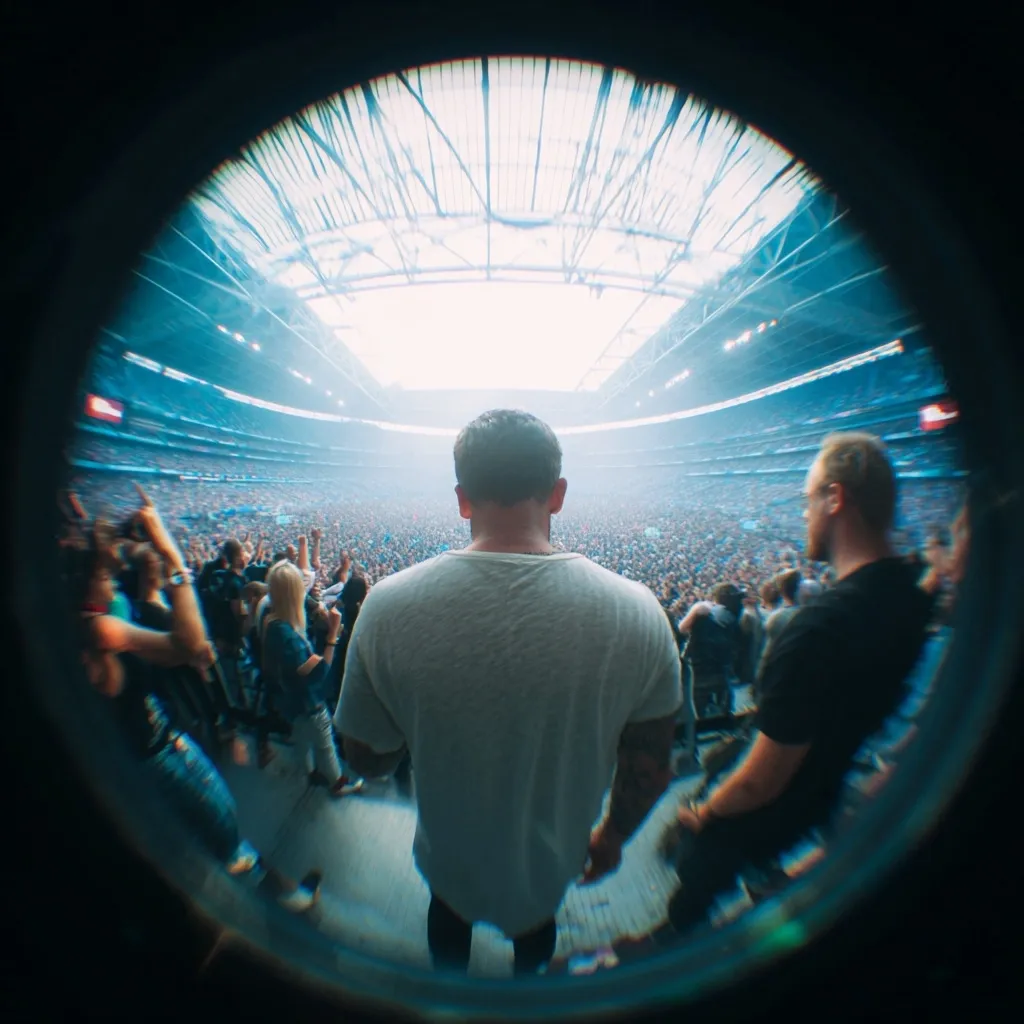 A fisheye lens captures a breathtaking view of a massive stadium concert.  The focus is on a man's back, standing amidst a sea of cheering fans.  The vastness of the crowd and the stadium's architecture are emphasized by the distorted perspective, creating a dynamic and immersive scene.  Another individual is partially visible to the right.  The overall atmosphere is electric and vibrant.