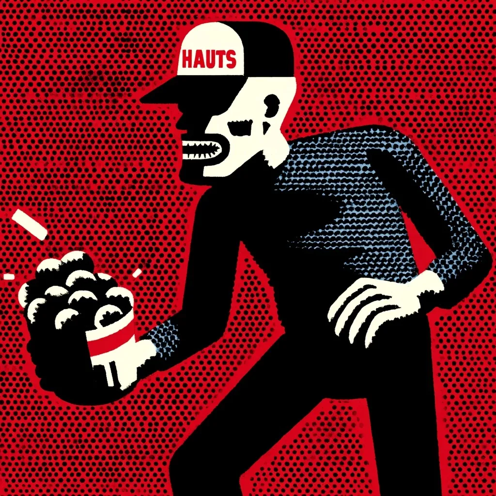 A stylized illustration depicts a figure, possibly a baseball player, wearing a cap reading "HAUTS."  The figure, rendered in stark black and white against a red dotted background, carries a container overflowing with what appears to be popcorn or similar small, round objects. The style is reminiscent of comic book art or pop art, with bold lines and a graphic sensibility.
