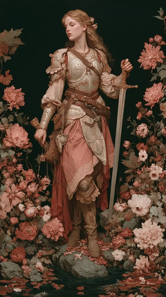 A young woman, clad in ornate silver armor and a flowing peach-colored gown, stands amidst a lush garden of muted pink and red flowers.  She holds a long sword, her gaze directed downward.  The scene is richly detailed, evoking a sense of fantasy and romance, with the armor contrasting the soft petals strewn around her feet by a dark stream. The overall tone is serene yet regal.