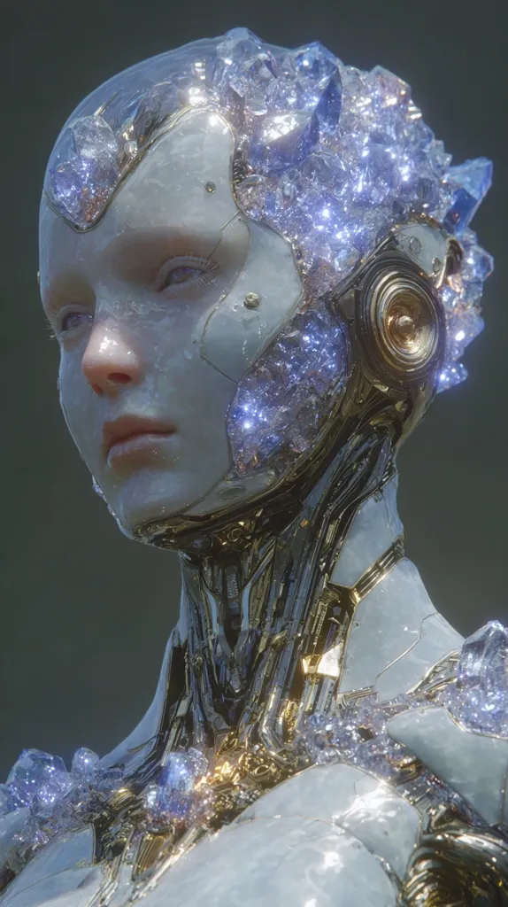 A digital rendering showcases a female android, her head adorned with sparkling blue crystals embedded within a translucent, white casing.  Gold mechanical components are visible beneath the surface, creating a striking contrast.  Her face is serene, with a subtle blend of human and robotic features, enhancing the ethereal and futuristic aesthetic. The image is highly detailed, emphasizing the intricate design of the android's structure.