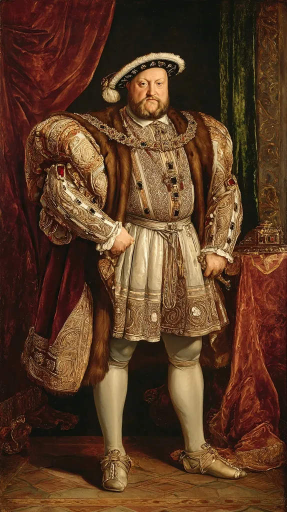 A full-length portrait of Henry VIII, King of England. He is depicted in elaborate attire, including a fur-trimmed robe, jeweled collar, and ornate patterned clothing. His expression is serious, and he stands with his hands near his waist. The background features rich red velvet curtains and a glimpse of a table.  The painting showcases the opulence and grandeur of the Tudor court.