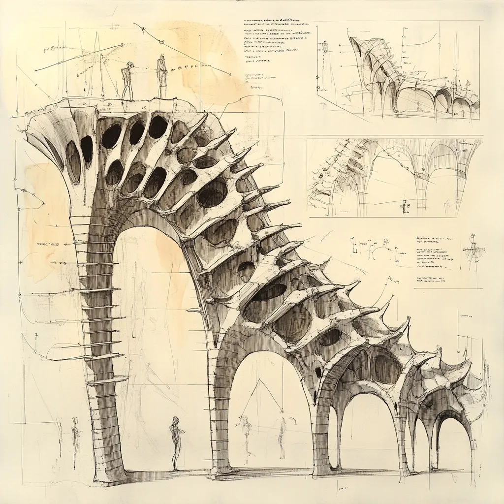 This detailed architectural sketch showcases a complex, biomorphic structure.  The design features a large, curving archway with intricate, organic detailing, resembling a skeletal or cavernous form.  Smaller sketches illustrate different perspectives and design elements.  Human figures are included for scale, emphasizing the monumental size of the envisioned structure.  The overall style is reminiscent of concept art or architectural fantasy.