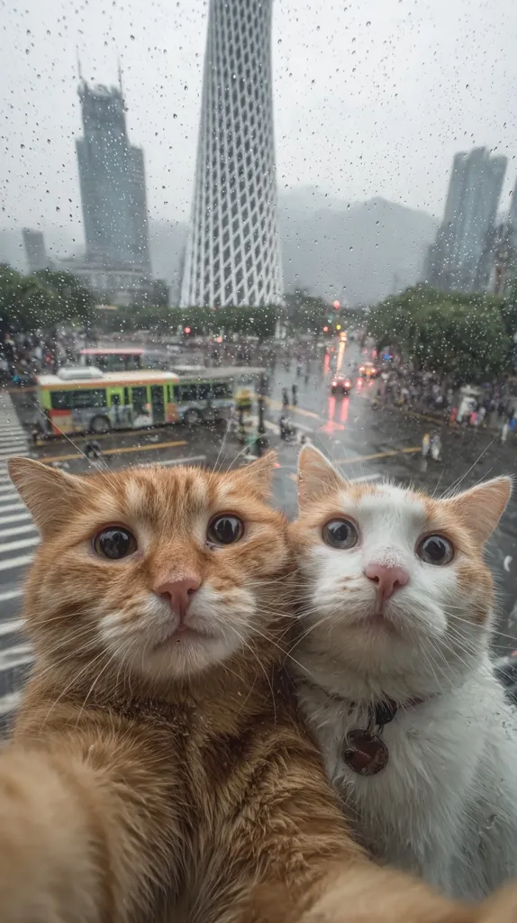 Two cats take a selfie from a window on a rainy day.  The ginger cat is in the foreground, with a white and orange cat beside it.  A city scene, including tall buildings and a bus, is blurred in the background through rain-streaked glass.  The overall mood is cozy and slightly melancholic.