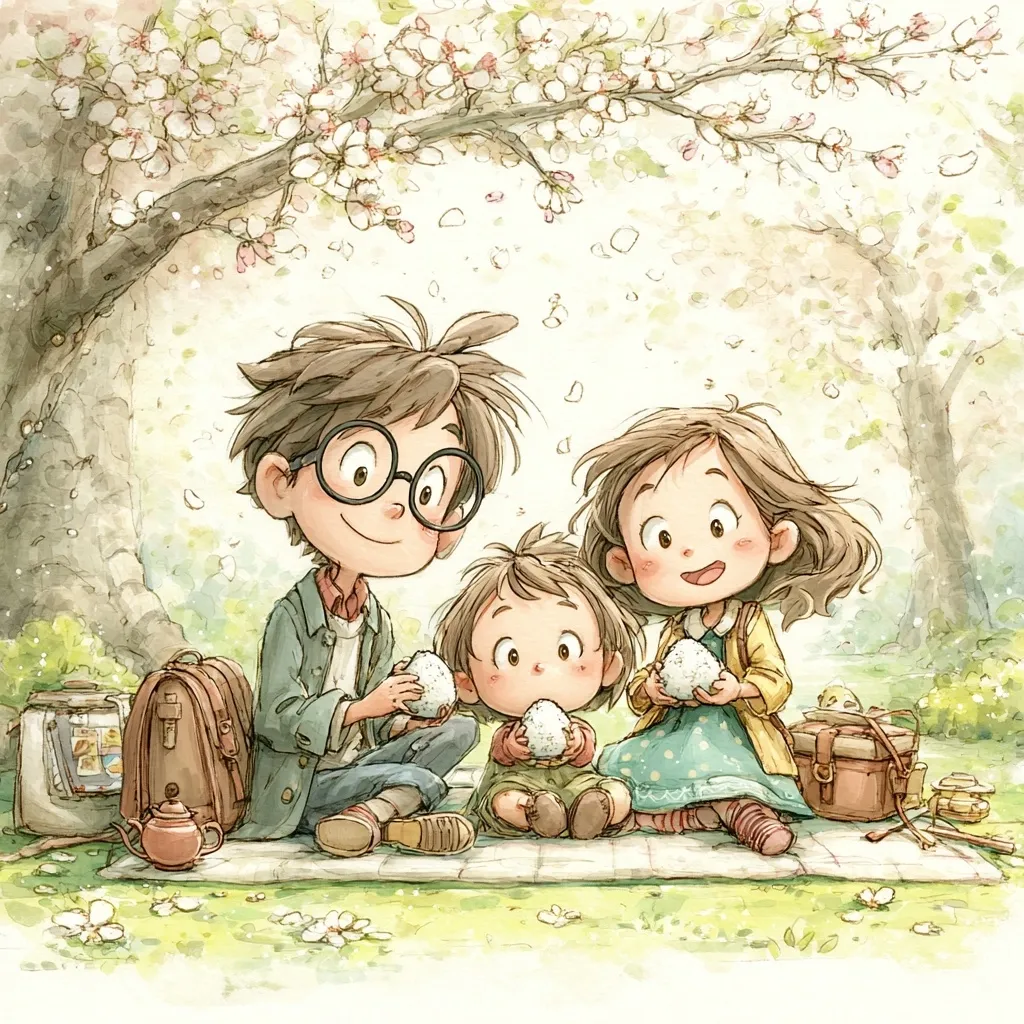 A charming watercolor illustration depicts a family of three enjoying a picnic under a blossoming cherry tree.  The older brother, wearing glasses, and his younger sister and brother are seated on a blanket, happily eating onigiri (rice balls).  Their backpacks and a teapot add to the idyllic springtime scene, filled with soft colors and delicate details.  The overall feeling is one of warmth, family, and gentle joy.