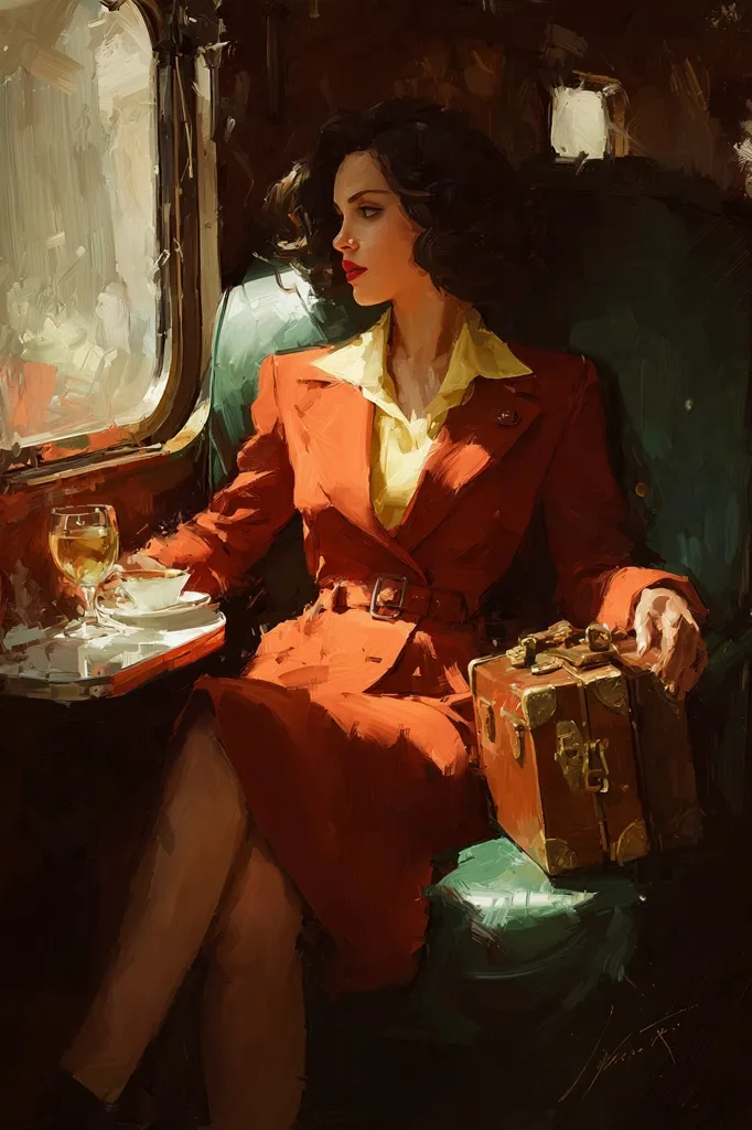 A stylish woman in a vibrant orange suit sits in a vintage train carriage.  She holds a small, antique-looking suitcase.  A glass of wine rests on the nearby table. The scene is bathed in warm light, highlighting the woman's elegant pose and the rich textures of her clothing and surroundings.  Her gaze is directed out the train window, suggesting a journey and a sense of mystery.