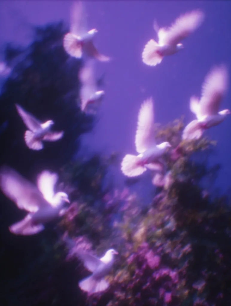 A dreamy, purple-hued image depicts several white doves in flight.  The doves appear soft and ethereal, almost translucent, against a blurred background of dark foliage and a vibrant purple sky.  The overall effect is one of gentle movement and peaceful serenity.  The focus is soft, lending a whimsical and slightly surreal quality to the scene.