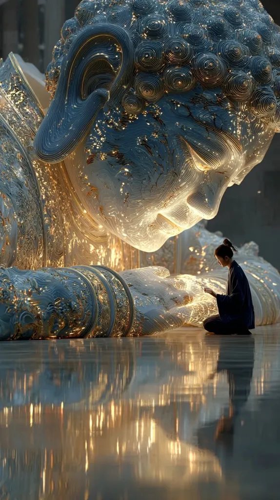 A digitally rendered image depicts a colossal, ethereal Buddha statue, its surface intricately detailed with swirling patterns and glowing golden accents.  The statue is depicted in a reclined position, its hands gently resting. A small, robed figure kneels before the Buddha, creating a dramatic contrast in scale and emphasizing the statue's immense size and serene presence. The scene is reflected in a highly polished floor, enhancing the image's dreamlike quality.