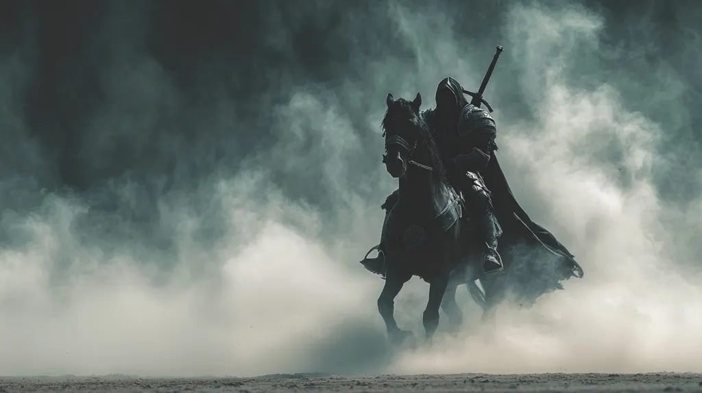 A lone knight, cloaked and shrouded in mystery, rides a black steed through a swirling, ethereal mist.  His sword is held high, a silhouette against the gloomy sky.  The scene evokes a sense of epic adventure and impending conflict, the dust kicked up by the horse's hooves adding to the dramatic atmosphere.  The overall tone is dark and brooding, suggesting a journey into the unknown.