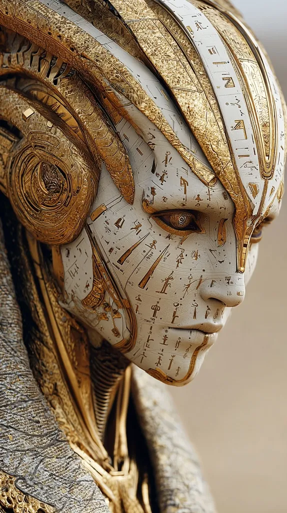 A close-up reveals a meticulously crafted robotic figure, its head adorned with intricate gold detailing and an off-white face etched with hieroglyphic-like symbols.  The gold elements exhibit a textured, almost metallic, appearance, contrasting beautifully with the smoother, paler face. The overall aesthetic blends futuristic technology with ancient Egyptian motifs, creating a striking and visually compelling image.