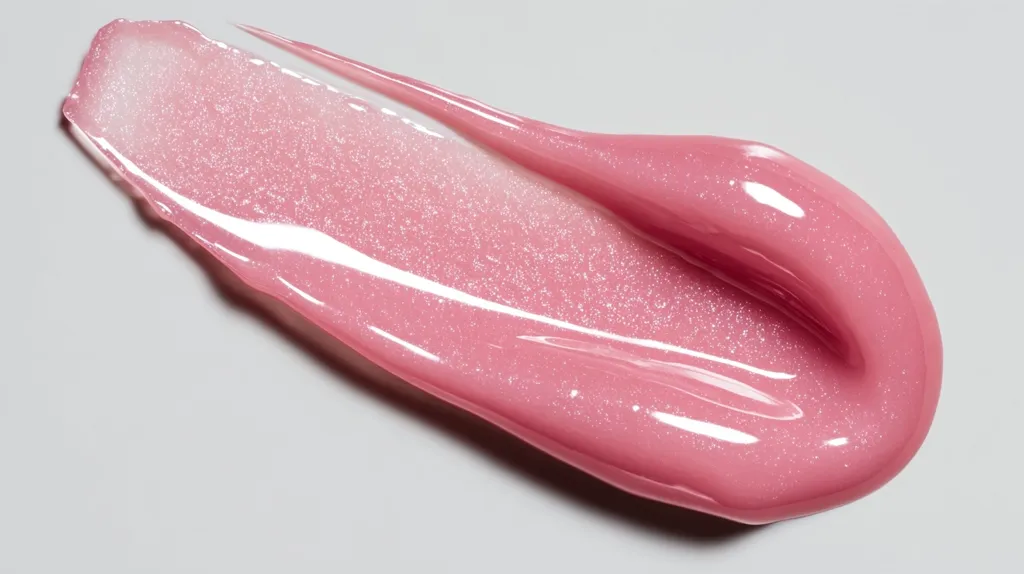 A swatch of shimmering pink lip gloss is displayed on a light gray background. The gloss is thick and glossy with subtle glitter, creating a wet, glistening appearance. The smear shows the texture and consistency of the product, highlighting its shine and light pink hue.  The image is a close-up, emphasizing the details of the gloss.