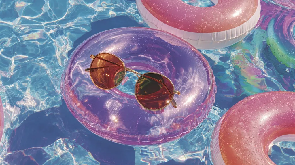 A pair of round, brown sunglasses rests on a iridescent purple inflatable ring floating in a shimmering blue swimming pool.  Other pink and iridescent inflatable rings are partially visible in the water.  The scene evokes a summery, carefree mood, emphasizing vibrant colors and relaxing poolside leisure.