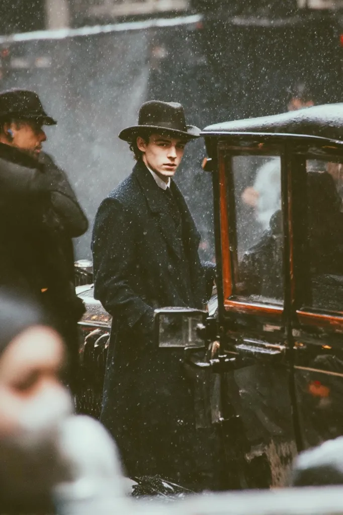 A young man in a dark overcoat and fedora stands beside a vintage horse-drawn carriage in a snowy street.  Rain or snow falls heavily, blurring the background. He has a serious expression, and another man in a similar hat stands slightly behind him. The scene evokes a period drama or historical setting.