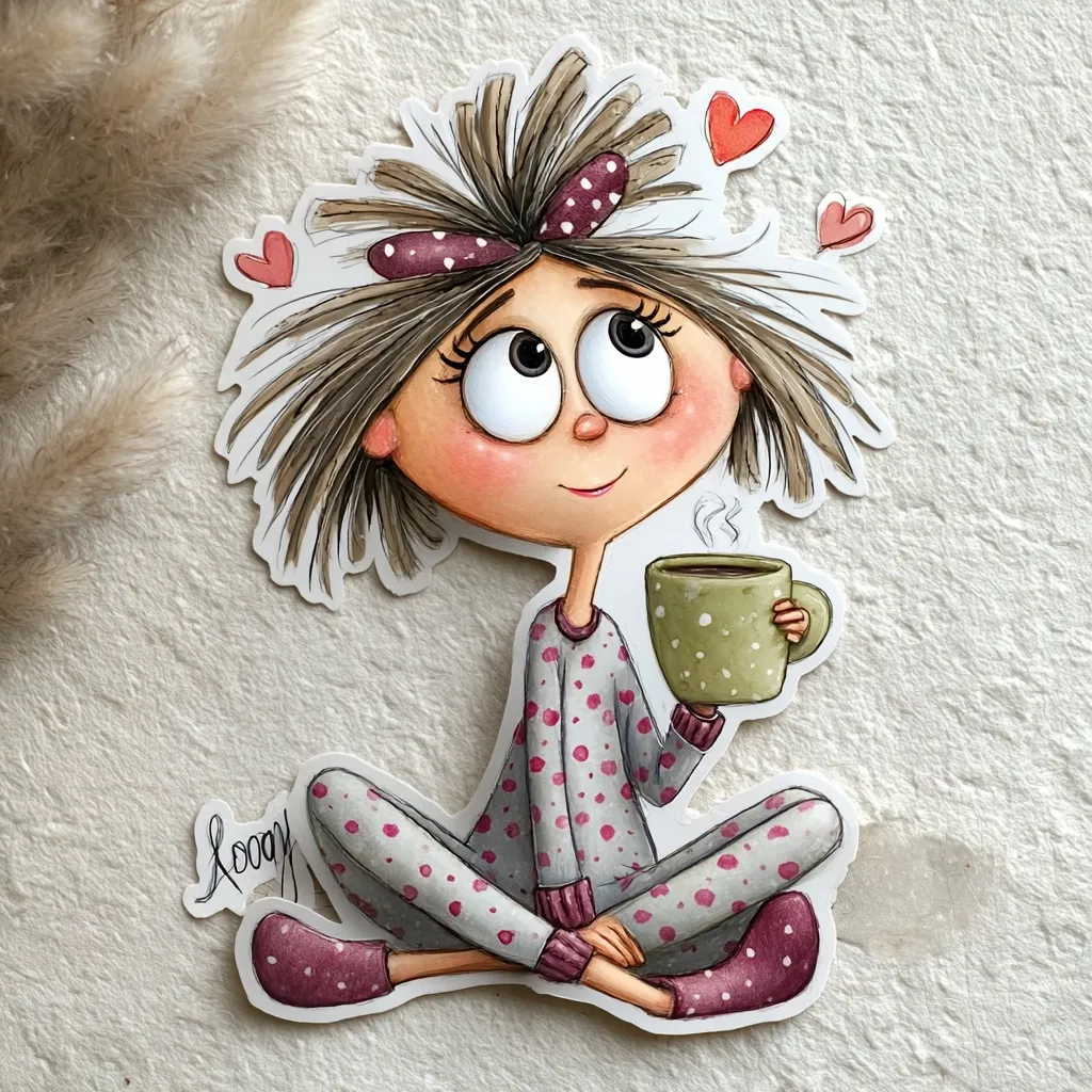 A whimsical illustration of a girl in polka-dotted pajamas. She has large eyes, messy hair tied with a ribbon, and is contentedly holding a warm mug.  Three small hearts float around her head, suggesting a cozy and loving atmosphere. The artwork's style is childlike and charming, with a focus on soft colors and expressive features.  The overall feeling is one of gentle happiness and comfort.