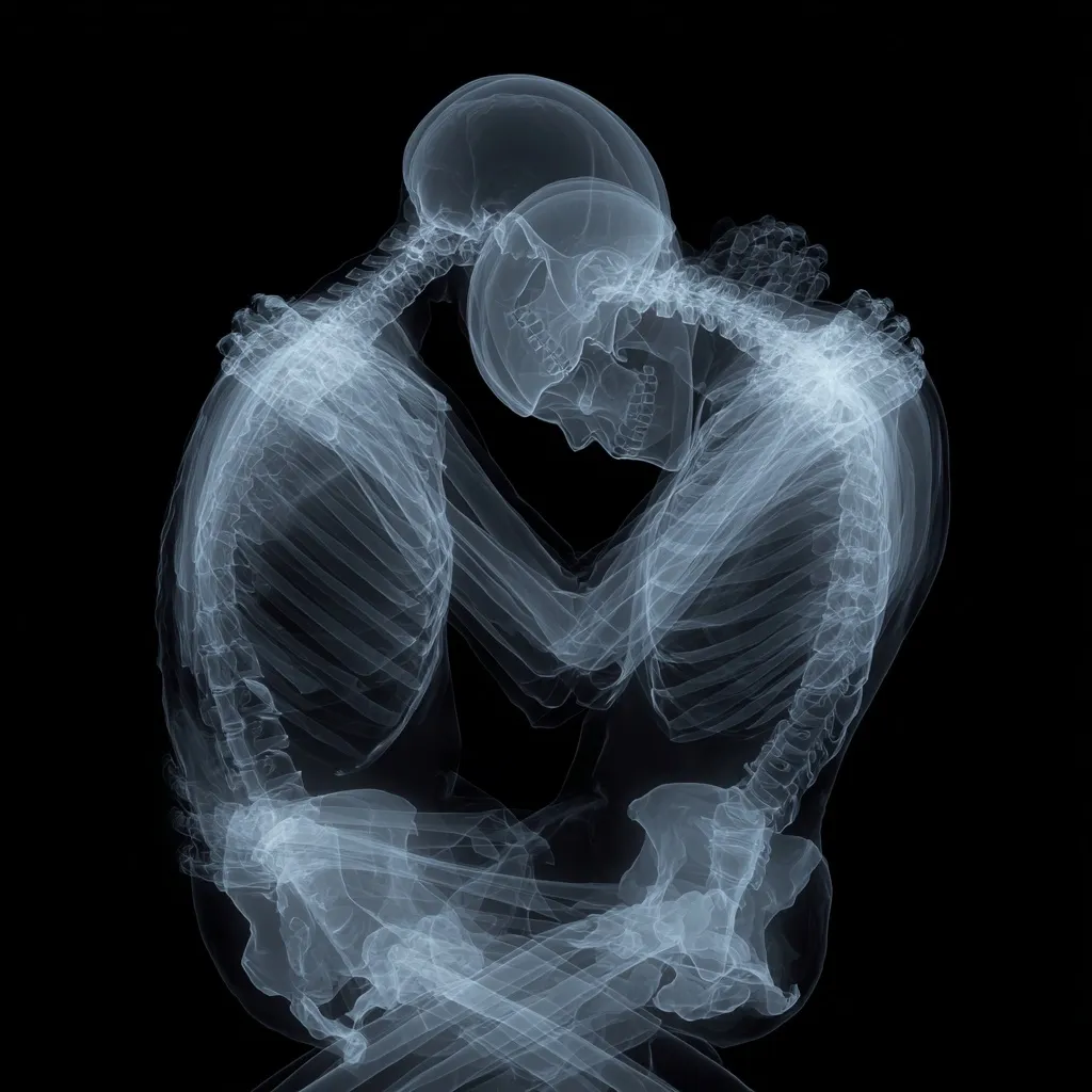 Two skeletons embrace in a tender, ghostly hug.  Their translucent forms intertwine, creating a poignant image of love and loss, or perhaps mortality and connection.  The stark contrast against the black background emphasizes the fragility and beauty of the skeletal structure, suggesting a deep intimacy beyond the physical. The image is artistic and evocative, leaving room for individual interpretation.