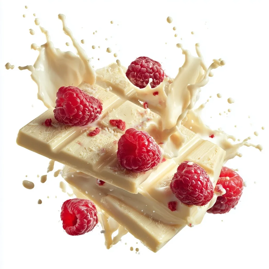 Two pieces of white chocolate are dramatically splashed with creamy milk, adorned with fresh raspberries.  The vibrant red raspberries contrast beautifully against the pale chocolate, creating a visually appealing image of sweet indulgence.  Freeze-motion captures the dynamic milk splash, enhancing the sense of freshness and enjoyment.