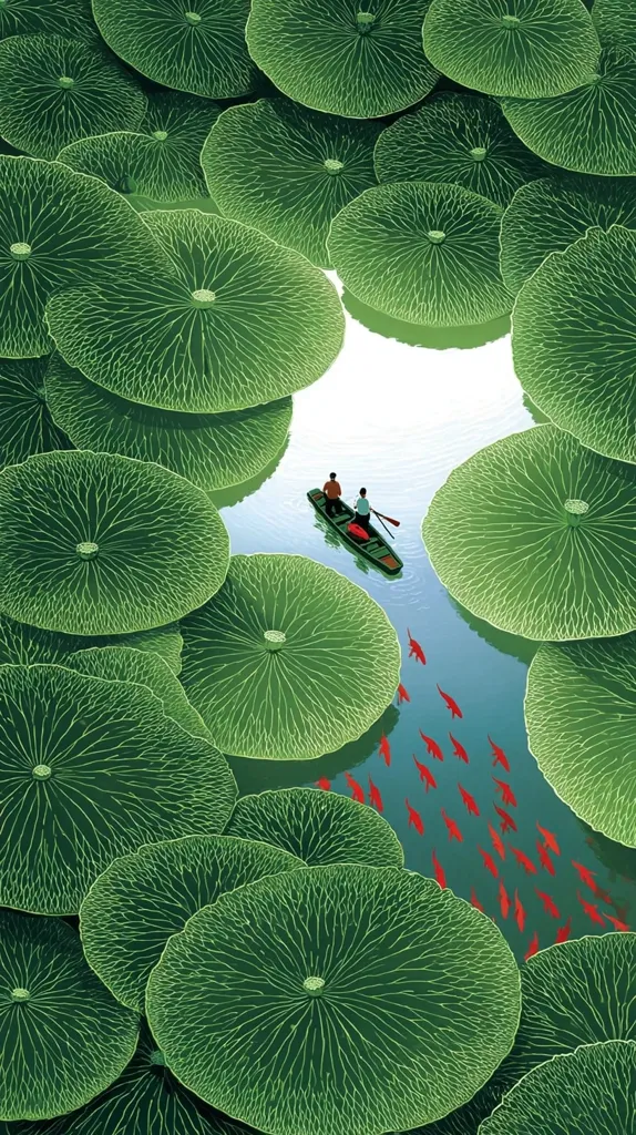 A serene illustration depicts two individuals paddling a small boat through a waterway densely populated with giant, vibrant green lotus leaves.  The leaves create a natural tunnel effect, framing the boat and the calm water below.  A school of red fish swims alongside the boat, adding to the tranquil and idyllic scene. The artistic style is detailed and stylized, emphasizing the intricate patterns of the leaves.