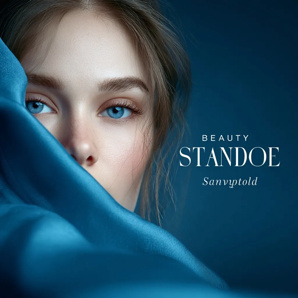 A close-up shot features a woman's face partially obscured by a teal silk fabric.  Her striking blue eyes are visible, and her skin appears flawless. The image is styled with a dark blue background, and text overlay reads "BEAUTY STANDOE Sanvyptold," suggesting a beauty brand or product. The overall mood is sophisticated and mysterious.