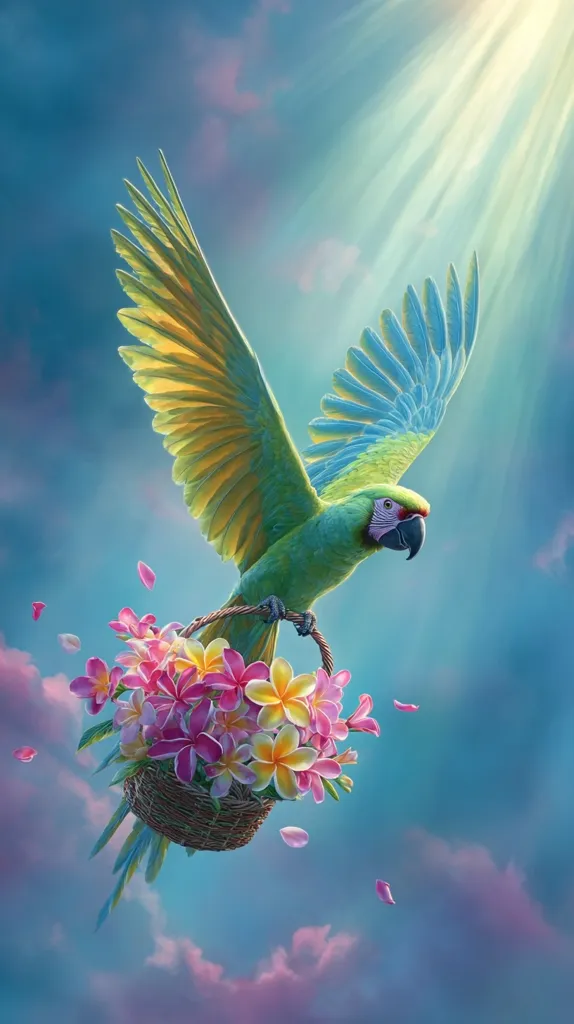A vibrant green and blue macaw soars through a pastel sky, carrying a small woven basket overflowing with pink and yellow plumeria blossoms. Sunlight streams down, illuminating the bird and its floral cargo.  Petals drift gently below, creating a serene and magical scene. The artwork blends realism with a touch of fantasy, emphasizing the parrot's grace and the beauty of nature.