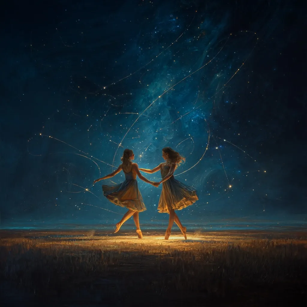 Two graceful figures, dressed in flowing gowns, dance under a breathtaking night sky.  Stars streak across the dark expanse, their light illuminating the dancers as they gracefully hold hands.  The scene evokes a sense of ethereal beauty and magical connection, a celestial ballet under a captivating starry backdrop. A warm glow emanates from the ground beneath their feet, adding to the mystical ambiance.