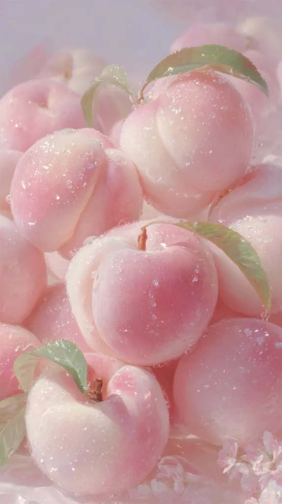 A cluster of juicy, pink peaches glistens with water droplets, nestled amongst delicate green leaves.  The soft, pastel lighting enhances their delicate blush.  A few blossoms are visible at the bottom, adding to the dreamy, ethereal quality of the image. The peaches appear plump and ripe, suggesting sweetness and freshness.