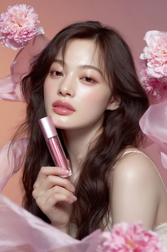 A young woman with long, dark brown hair holds a tube of pink lip gloss.  She's wearing minimal makeup, showcasing a natural, radiant complexion.  Delicate pink peonies and sheer fabric surround her, creating a soft, romantic atmosphere.  The overall image is elegant and promotes a beauty product.