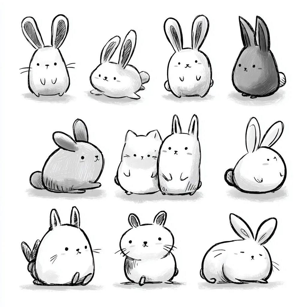 A collection of twelve charmingly drawn animals, predominantly rabbits, in a grayscale palette.  The style is simplistic and cute, featuring various poses and expressions.  One image depicts a cat nestled next to a rabbit. The drawings are characterized by soft shading and rounded forms, creating a whimsical and endearing overall effect.