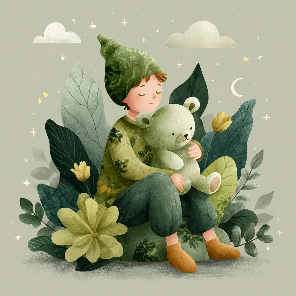 A digital illustration depicts a child, wearing a green hat and sweater, sitting amidst lush green foliage and flowers.  The child gently holds a pale green teddy bear.  The scene is serene and peaceful, with a nighttime ambiance suggested by a crescent moon and twinkling stars. The overall color palette is muted greens and yellows, creating a calm and dreamlike atmosphere.
