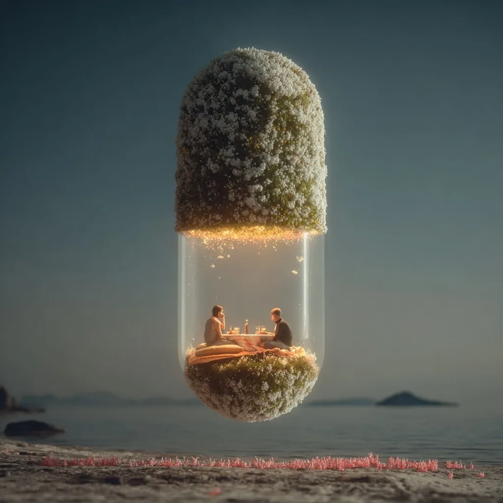 A giant, translucent capsule, covered in lush greenery and small white flowers, floats gently above a tranquil beach.  Inside, two tiny figures sit at a small table, sharing a meal in a softly lit interior.  The scene is serene and dreamlike, suggesting isolation and intimacy within a surreal, protective environment. The overall feeling is one of quiet contemplation and peaceful seclusion.