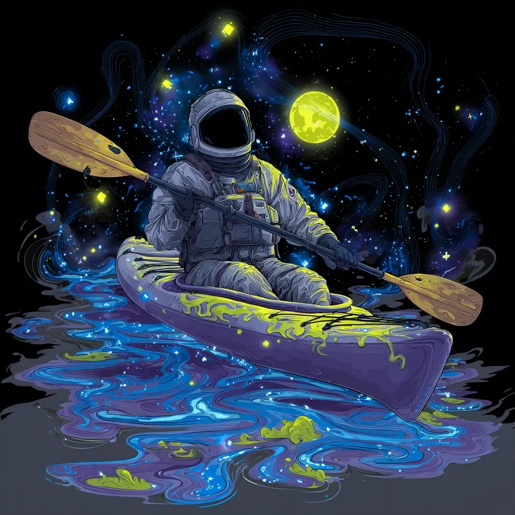 An astronaut, clad in a spacesuit, paddles a kayak through a cosmic river.  The vibrant artwork depicts a swirling, nebula-like waterway under a starry sky, illuminated by a luminous moon.  The astronaut's kayak is adorned with abstract designs, contrasting the realistic depiction of the figure and adding to the surreal, dreamlike quality of the piece.  The scene is both otherworldly and peaceful.
