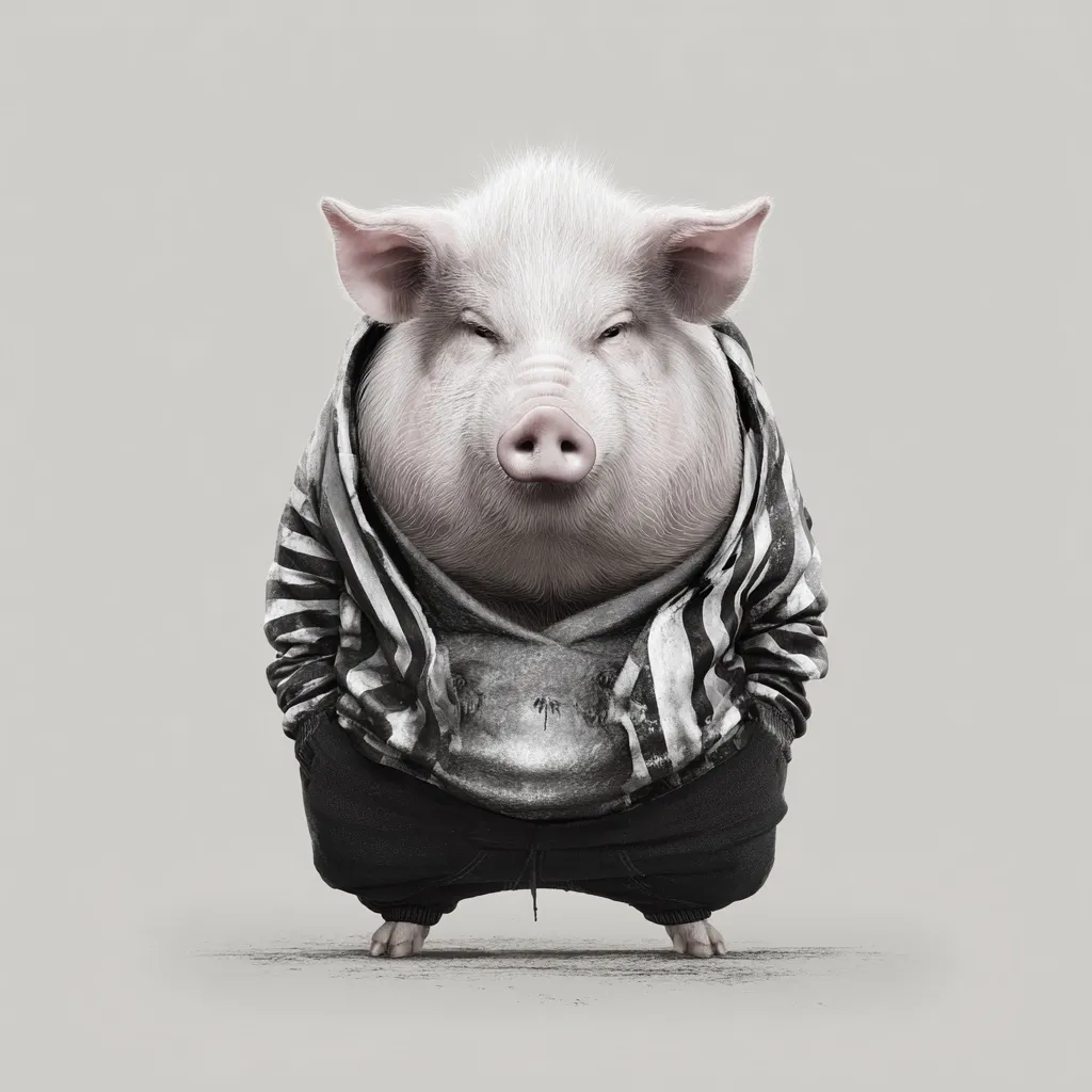 A digitally rendered image shows a plump pig wearing a stylish black and white striped hoodie and dark pants.  The pig has a serious expression, its gaze directed forward. The overall style is a blend of realism and cartoonish exaggeration, creating a humorous and slightly surreal effect. The background is a simple, muted gray.