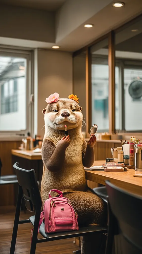 A playful otter, adorned with flowers, sits at a restaurant table applying lipstick with a compact mirror.  It's wearing a pink backpack. The setting is a modern, brightly lit restaurant with a minimalist aesthetic. The otter appears to be enjoying its beauty routine.