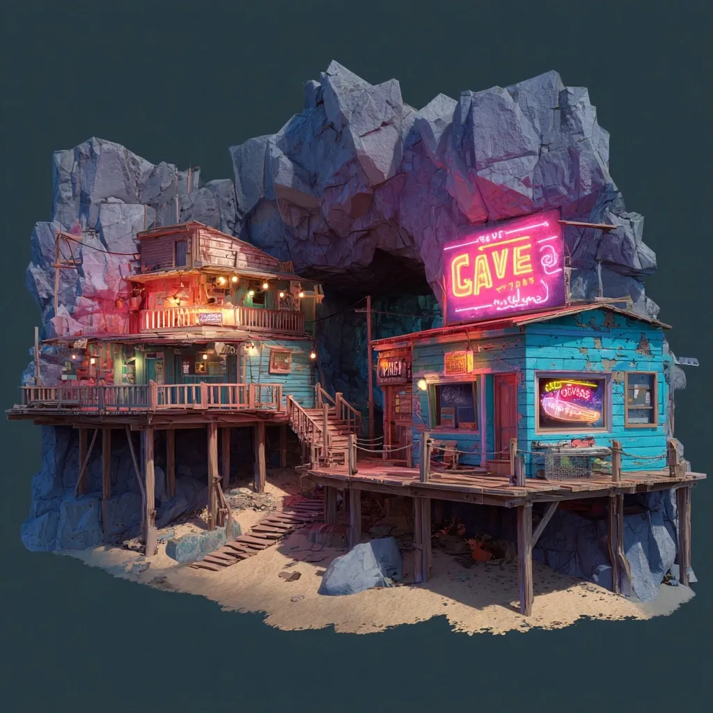 A digital rendering showcases a whimsical coastal scene. Two weathered, ramshackle buildings on stilts are nestled within a rocky cliff face, one featuring a neon "Cave Bar" sign.  The structures, illuminated by warm interior lights and vibrant signage, evoke a sense of a quirky, possibly fictional, seaside tavern.  A sandy path connects the buildings, leading towards a shadowy cave entrance. The overall aesthetic is a blend of rustic charm and retrofuturistic elements.
