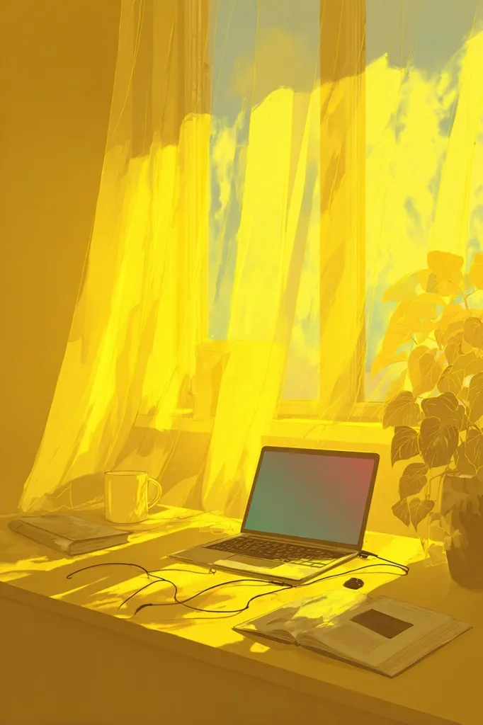 A sun-drenched room, bathed in warm yellow light, features a desk near a window with sheer yellow curtains.  A laptop sits open on the desk, accompanied by a mug, books, and a plant.  Sunlight streams through the window, casting shadows across the workspace, creating a serene and peaceful atmosphere. The overall aesthetic is minimalist and bright.