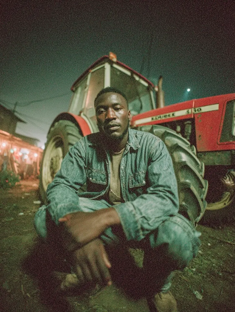 A young Black man sits crouched in front of a large red tractor at night.  He wears a denim shirt and jeans. The background is dimly lit, showing a street scene with buildings and lights. The image has a grainy, film-like quality, emphasizing the contrast between the man and the powerful machinery.  The overall mood is contemplative and slightly melancholic.