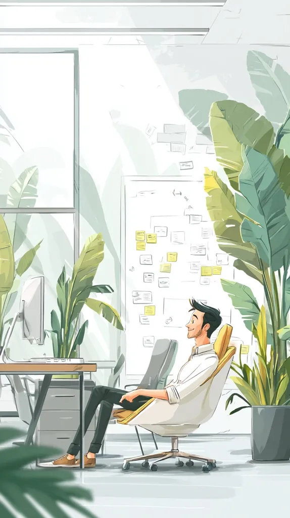 A man relaxes in a modern office chair, legs crossed, in a bright, plant-filled workspace.  Sunlight streams through large windows, illuminating the room. A whiteboard covered in sticky notes is visible, suggesting a project or brainstorming session.  The overall mood is calm and productive, with a minimalist aesthetic.  The illustration uses soft colors and a painterly style.