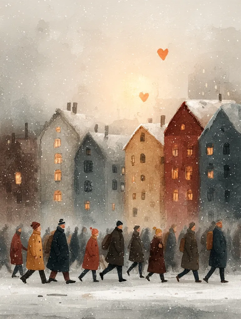 A watercolor painting depicts a snowy winter scene.  People bundled in warm clothing walk along a street lined with charming, snow-covered houses.  Warm light glows from the windows, creating a cozy atmosphere. Two small red hearts float in the pale sky above, adding a touch of whimsy to the peaceful, wintery cityscape. The overall feel is one of quiet warmth and gentle snowfall.
