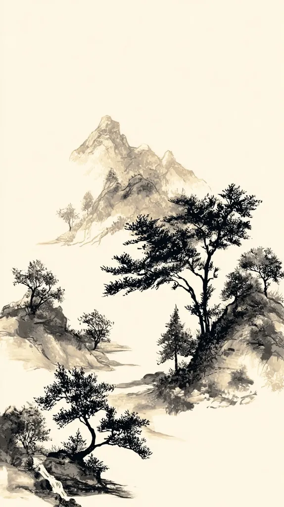 A serene landscape painting in the style of East Asian ink wash painting.  The artwork depicts a misty mountain range, rendered in soft browns and grays, with dark, silhouetted trees scattered across rocky hillsides and along a gently flowing stream.  The contrast between the light mountains and dark trees creates a sense of depth and tranquility.  The overall effect is one of peaceful contemplation.