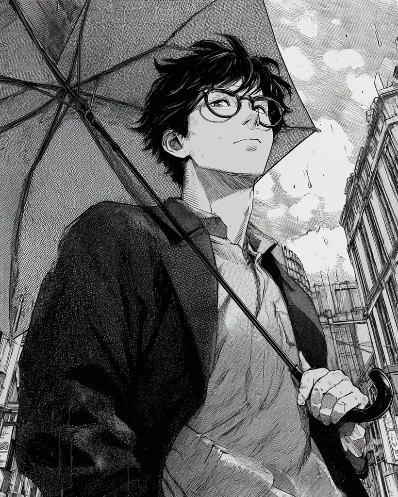 A monochromatic illustration depicts a young man with glasses, holding an umbrella in a rain-swept city.  His expression is serene, gazing upward. He's dressed in a coat and shirt, his style understated. The city buildings are detailed in the background, creating a contrast between the figure and the urban environment.  The art style is reminiscent of manga or graphic novel illustrations. The overall mood is melancholic yet peaceful.