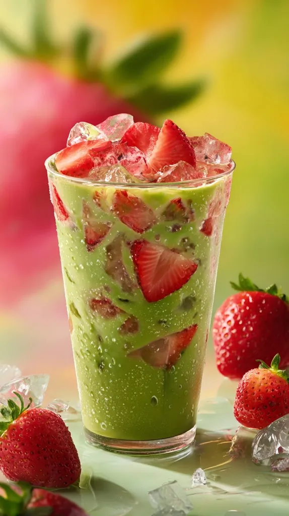 A refreshing iced matcha latte is the star of this image.  Sliced strawberries are generously layered within the vibrant green beverage, which is served in a clear glass.  Ice cubes are scattered throughout the drink and around the base of the glass, adding to the cool, summery feel.  Fresh strawberries are also prominently displayed beside the glass, enhancing the overall visual appeal of this delicious-looking drink.