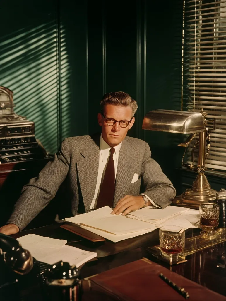A mid-century businessman sits at his desk, reviewing paperwork.  He wears a grey suit, a dark tie, and glasses.  The office is dimly lit, with a desk lamp illuminating his work.  A vintage telephone and whiskey glasses are visible on the polished wooden desk, creating a classic, sophisticated atmosphere.  Sunlight streams through venetian blinds in the background.