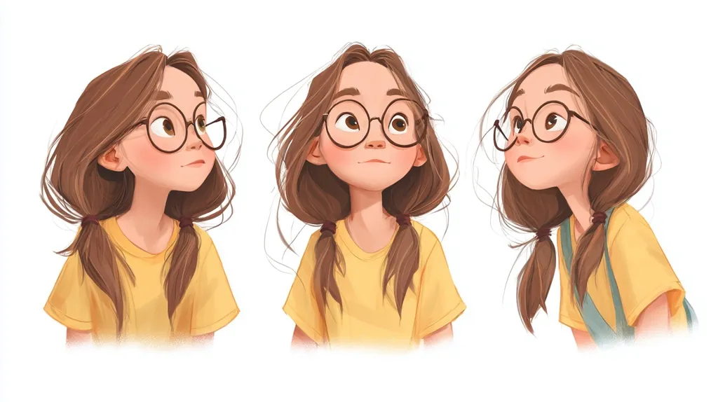 The illustration shows three variations of a cute girl with brown hair in pigtails, wearing round glasses and a yellow t-shirt.  Her expressions subtly differ: looking thoughtfully to the side, looking straight ahead, and looking up with a curious gaze. The style is soft, digitally painted, and features a whimsical, childlike charm.