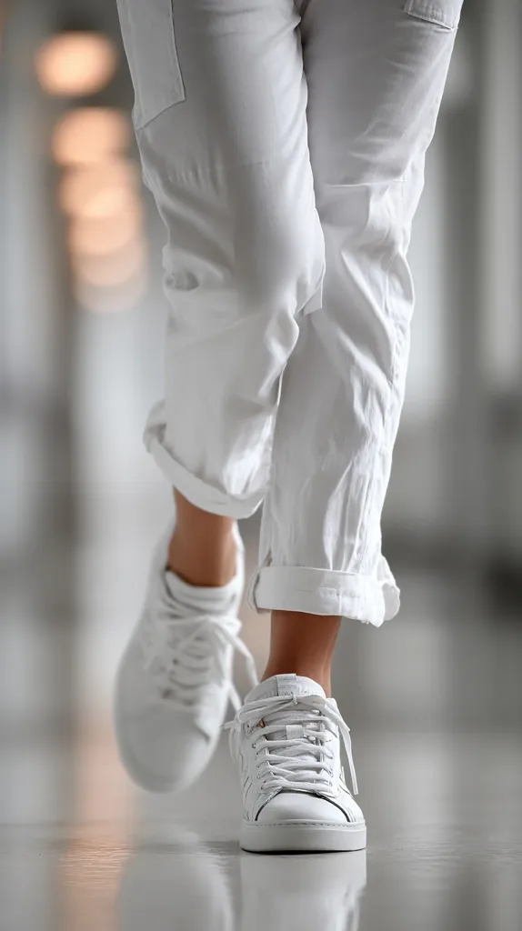 Close-up of a person's legs wearing white cuffed pants and clean white sneakers. The image is blurred, focusing on the shoes and lower legs. The background is out of focus, suggesting a hallway or similar indoor space with soft lighting. The overall aesthetic is minimalist and stylish.