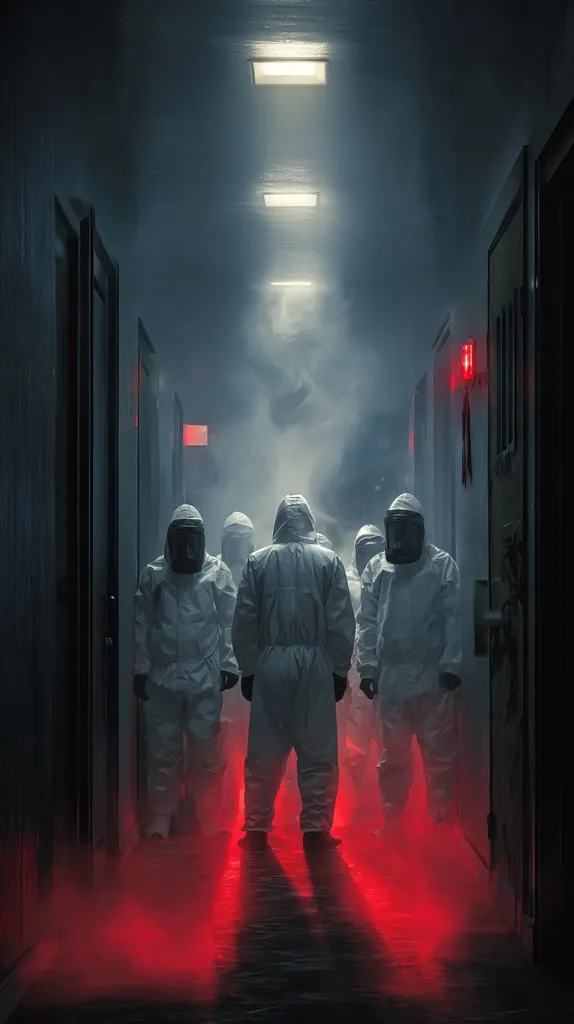 A group of figures in hazmat suits walk down a dimly lit hallway, shrouded in smoke and red light.  The atmosphere is ominous and suspenseful.  The long corridor and the figures' identical attire create a sense of isolation and unease. The scene suggests a contained environment, perhaps a hospital or research facility, during a crisis or emergency.
