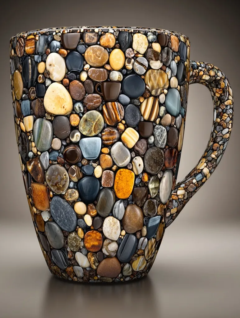 A mug, seemingly crafted from an assortment of small, multicolored stones, is the focal point.  The stones, varying in shades of brown, gray, beige, and hints of amber and yellow, completely cover the mug's surface, including the handle. The overall effect creates a unique and textured appearance.  The mug sits on a reflective surface, enhancing its visual appeal.