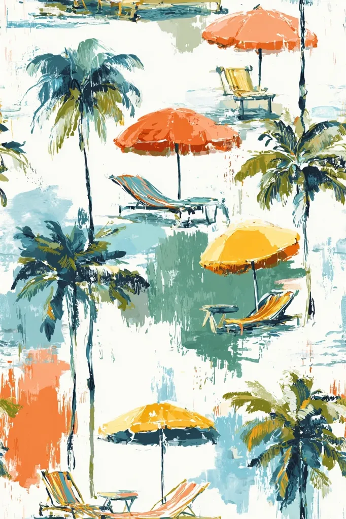 A vibrant tropical beach scene is depicted in an impressionistic style.  Palm trees, brightly colored beach umbrellas (orange, yellow), and striped lounge chairs are rendered with loose, expressive brushstrokes against a white background.  The colors are bold and saturated, creating a feeling of warmth and summer.  The overall effect is a lively and carefree beach paradise.