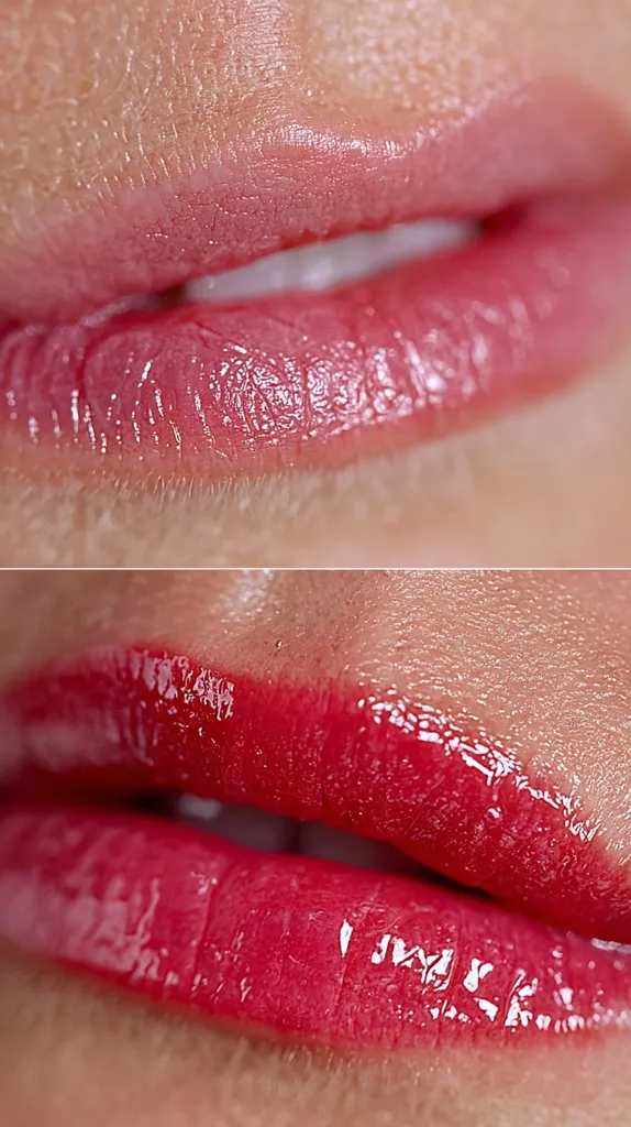 A close-up split image showcasing two lip looks. The top half features nude glossy lips, emphasizing a natural, subtle shine.  The bottom half displays vibrant, glossy red lips, highlighting a bold and intense color. Both images focus on the texture and shine of the lip gloss.