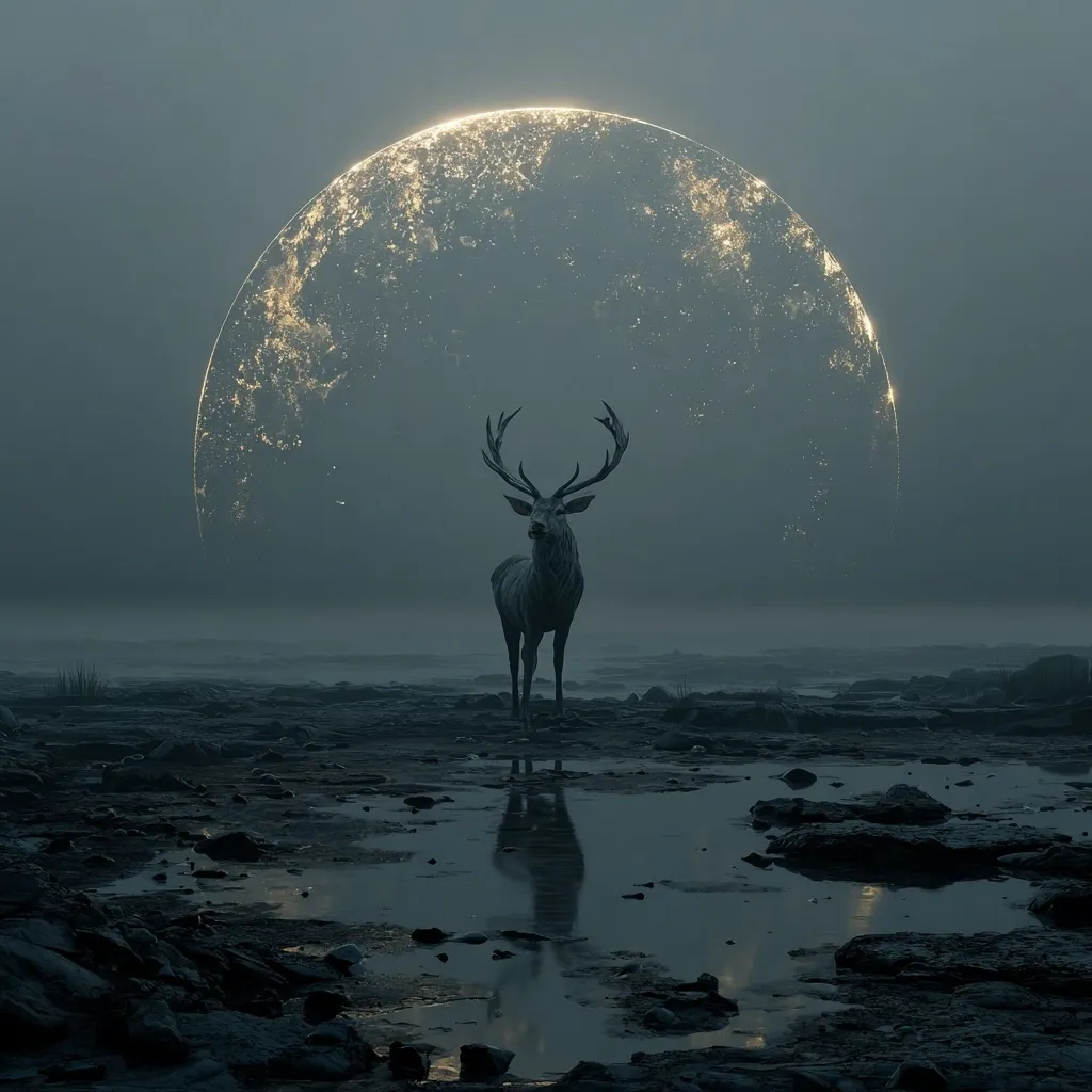 A majestic stag stands solitary on a dark, rocky shore, its reflection mirrored in a calm pool of water.  A large, luminous moon, resembling a celestial body with city lights, dominates the dusky sky. The overall atmosphere is serene yet mysterious, evoking a sense of wonder and isolation in a surreal landscape.  The scene is bathed in muted blues and grays, enhancing the mood.