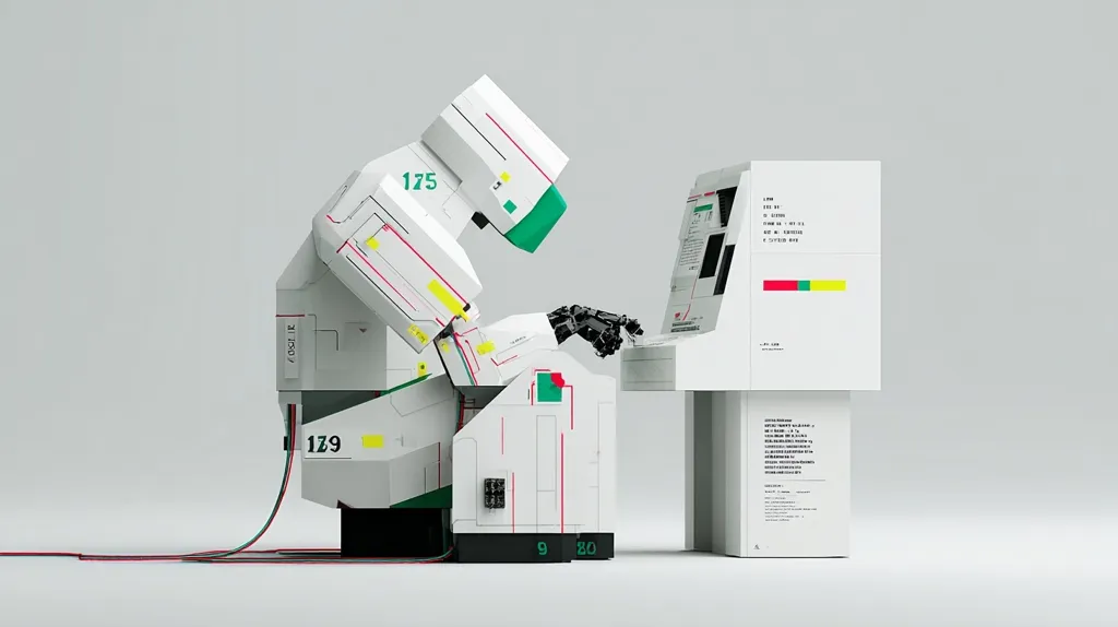 A stylized robotic figure, predominantly white with accents of teal and red, interacts with a minimalist white console.  Numbered panels on the robot suggest internal components or processes.  Wires connect the robot to the console, implying data transfer or power supply.  The scene is set against a neutral gray background, highlighting the clean, geometric design of the robotic elements.